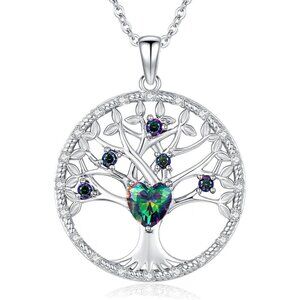 925 Sterling Silver Tree of Life Color Shift CZ Heart Necklace NWT